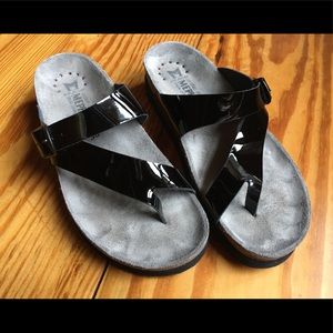 Mephisto Helen black patent sandals.